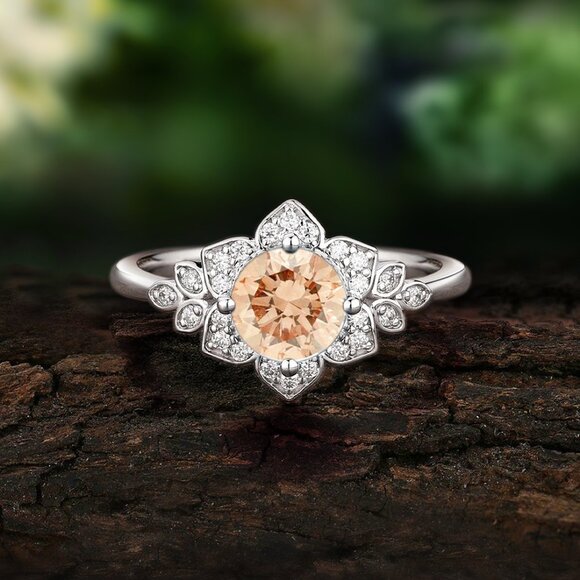 Vintage Style Floral ring - Champagne Citrine, Art Deco Flower Ring - Picture 2 of 2